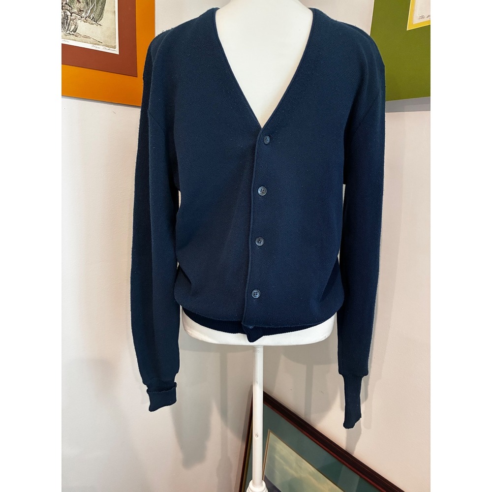Vintage Jantzen Navy Blue Button Front Cardigan Sweater Made in USA Mens Medium